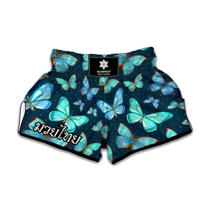 Watercolor Blue Butterfly Pattern Print Muay Thai Boxing Shorts
