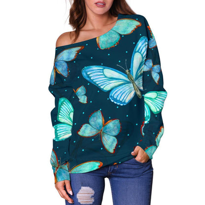 Watercolor Blue Butterfly Pattern Print Off Shoulder Sweatshirt GearFrost