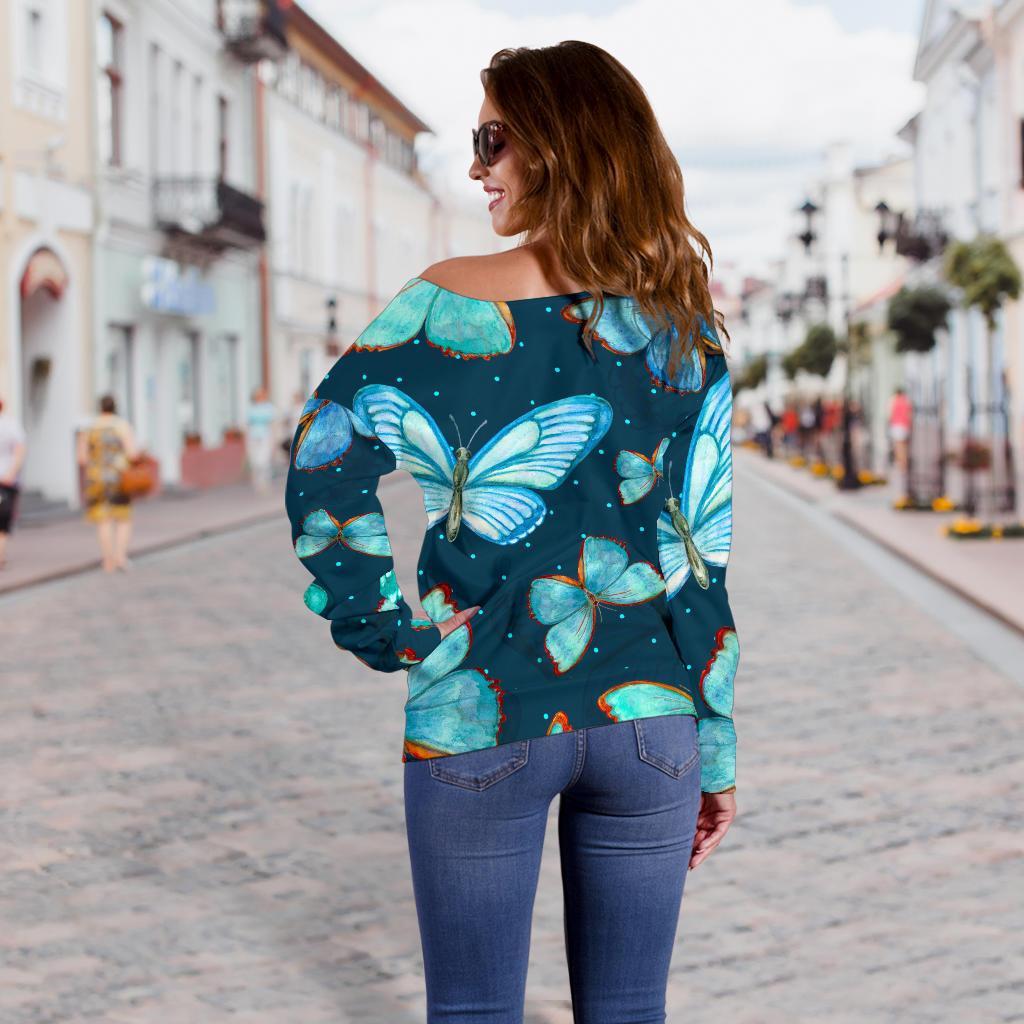 Watercolor Blue Butterfly Pattern Print Off Shoulder Sweatshirt GearFrost