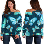 Watercolor Blue Butterfly Pattern Print Off Shoulder Sweatshirt GearFrost