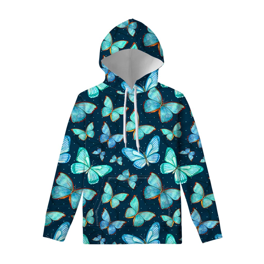 Watercolor Blue Butterfly Pattern Print Pullover Hoodie