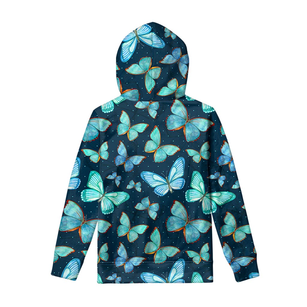 Watercolor Blue Butterfly Pattern Print Pullover Hoodie