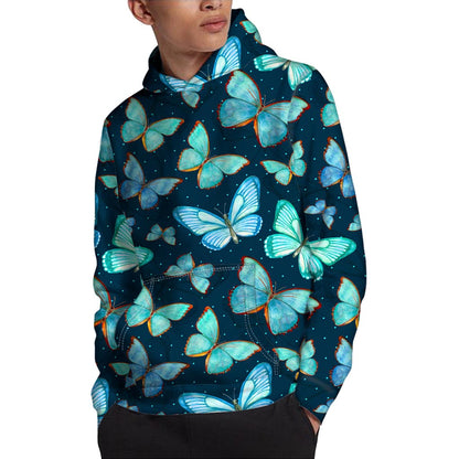 Watercolor Blue Butterfly Pattern Print Pullover Hoodie
