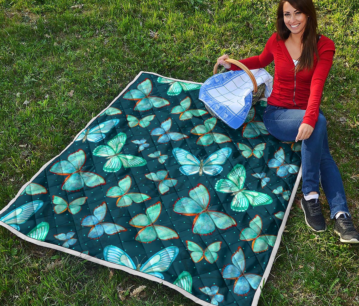 Watercolor Blue Butterfly Pattern Print Quilt