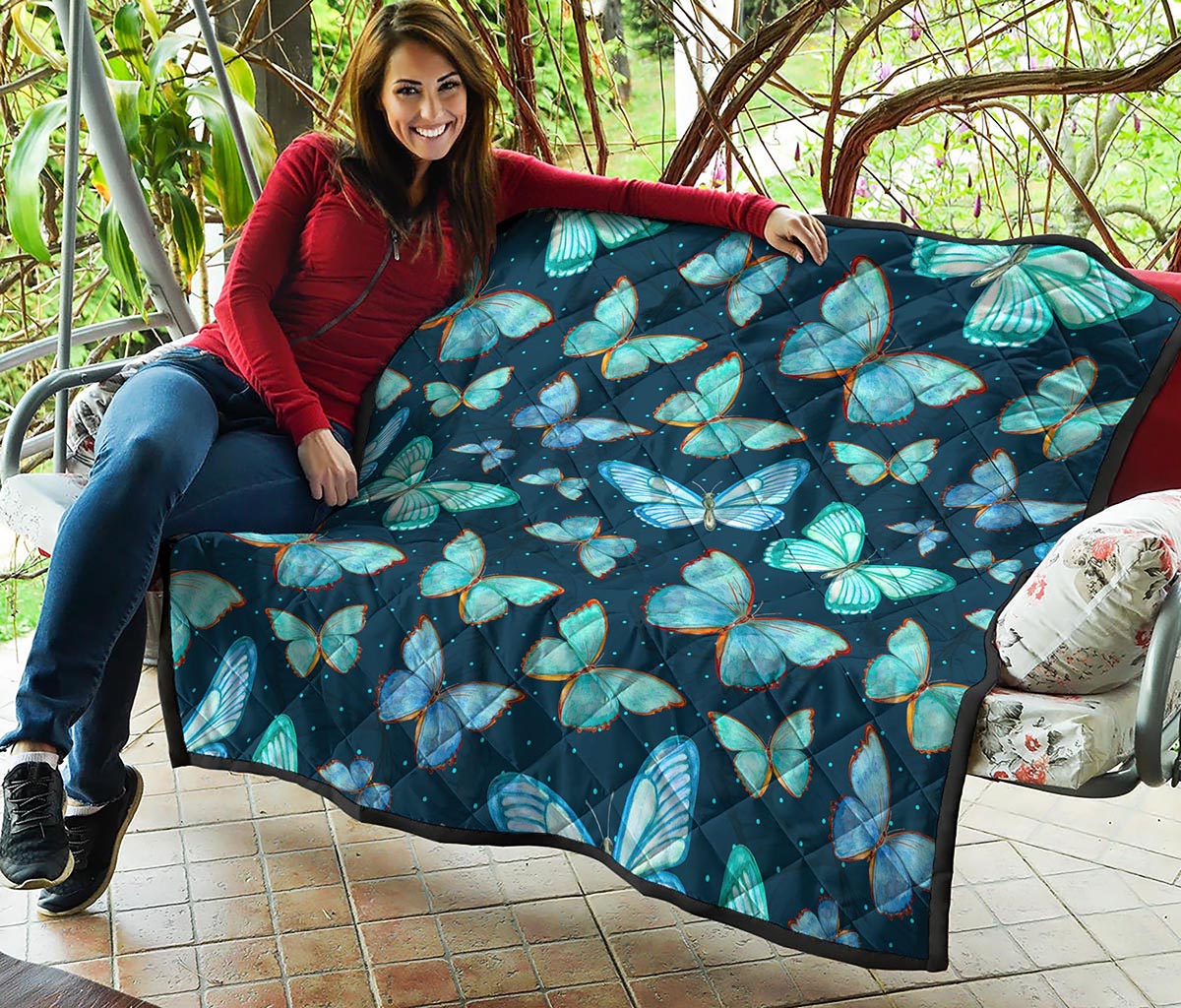 Watercolor Blue Butterfly Pattern Print Quilt