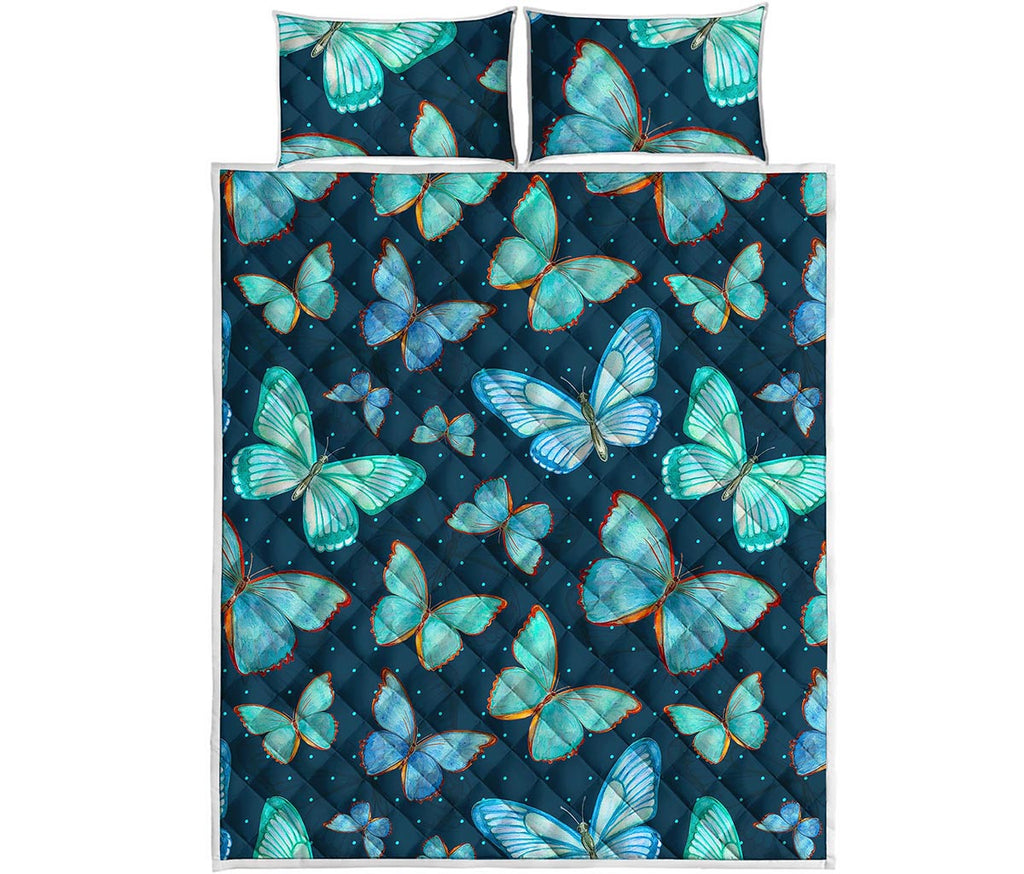 Watercolor Blue Butterfly Pattern Print Quilt Bed Set