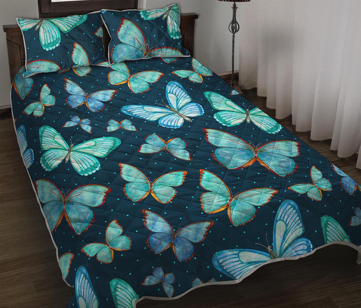 Watercolor Blue Butterfly Pattern Print Quilt Bed Set