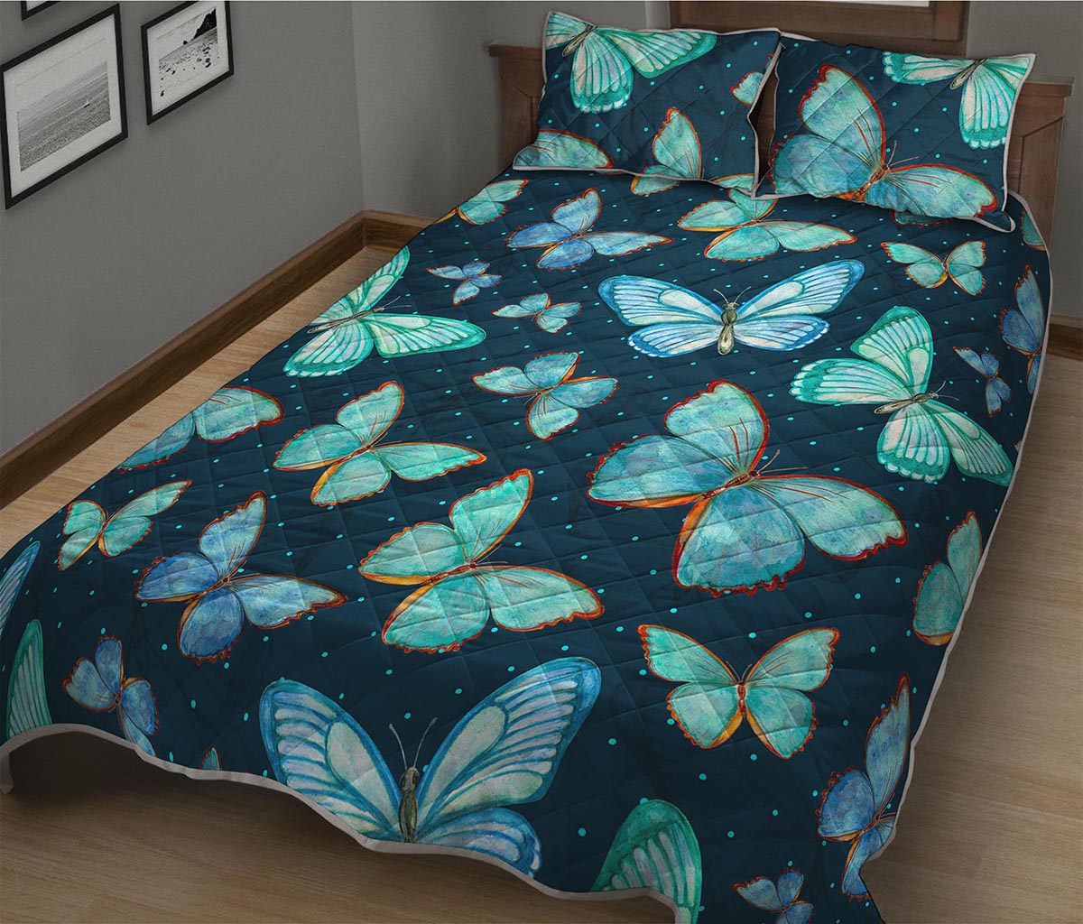 Watercolor Blue Butterfly Pattern Print Quilt Bed Set