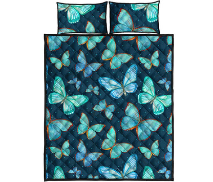 Watercolor Blue Butterfly Pattern Print Quilt Bed Set
