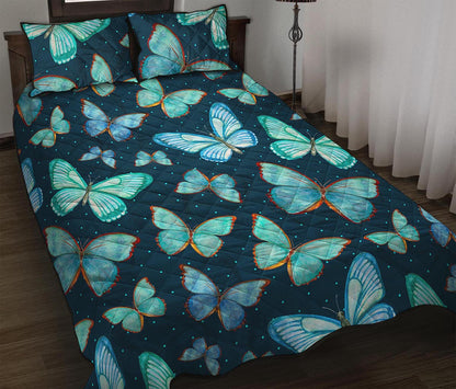 Watercolor Blue Butterfly Pattern Print Quilt Bed Set