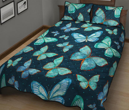 Watercolor Blue Butterfly Pattern Print Quilt Bed Set