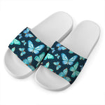 Watercolor Blue Butterfly Pattern Print White Slide Sandals