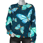 Watercolor Blue Butterfly Pattern Print Women's Crewneck Sweatshirt GearFrost