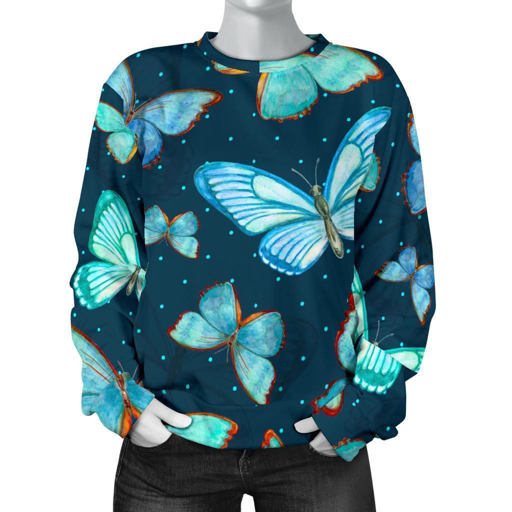 Watercolor Blue Butterfly Pattern Print Women's Crewneck Sweatshirt GearFrost