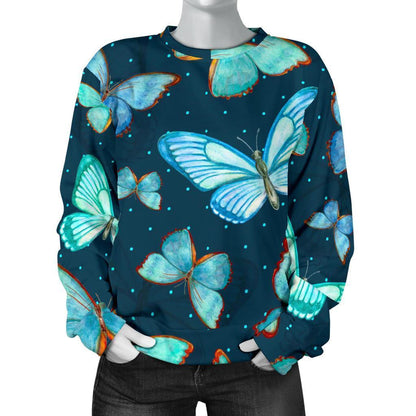 Watercolor Blue Butterfly Pattern Print Women's Crewneck Sweatshirt GearFrost