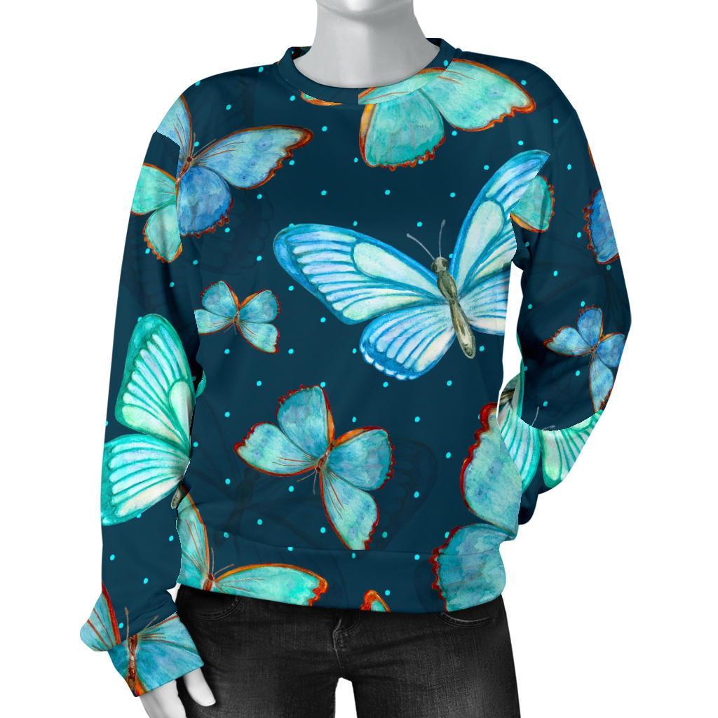 Watercolor Blue Butterfly Pattern Print Women's Crewneck Sweatshirt GearFrost