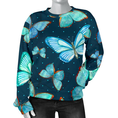 Watercolor Blue Butterfly Pattern Print Women's Crewneck Sweatshirt GearFrost