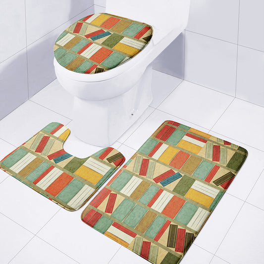 Watercolor Bookshelf Pattern Print 3 Piece Bath Mat Set