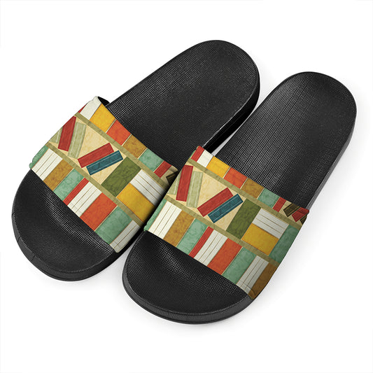 Watercolor Bookshelf Pattern Print Black Slide Sandals