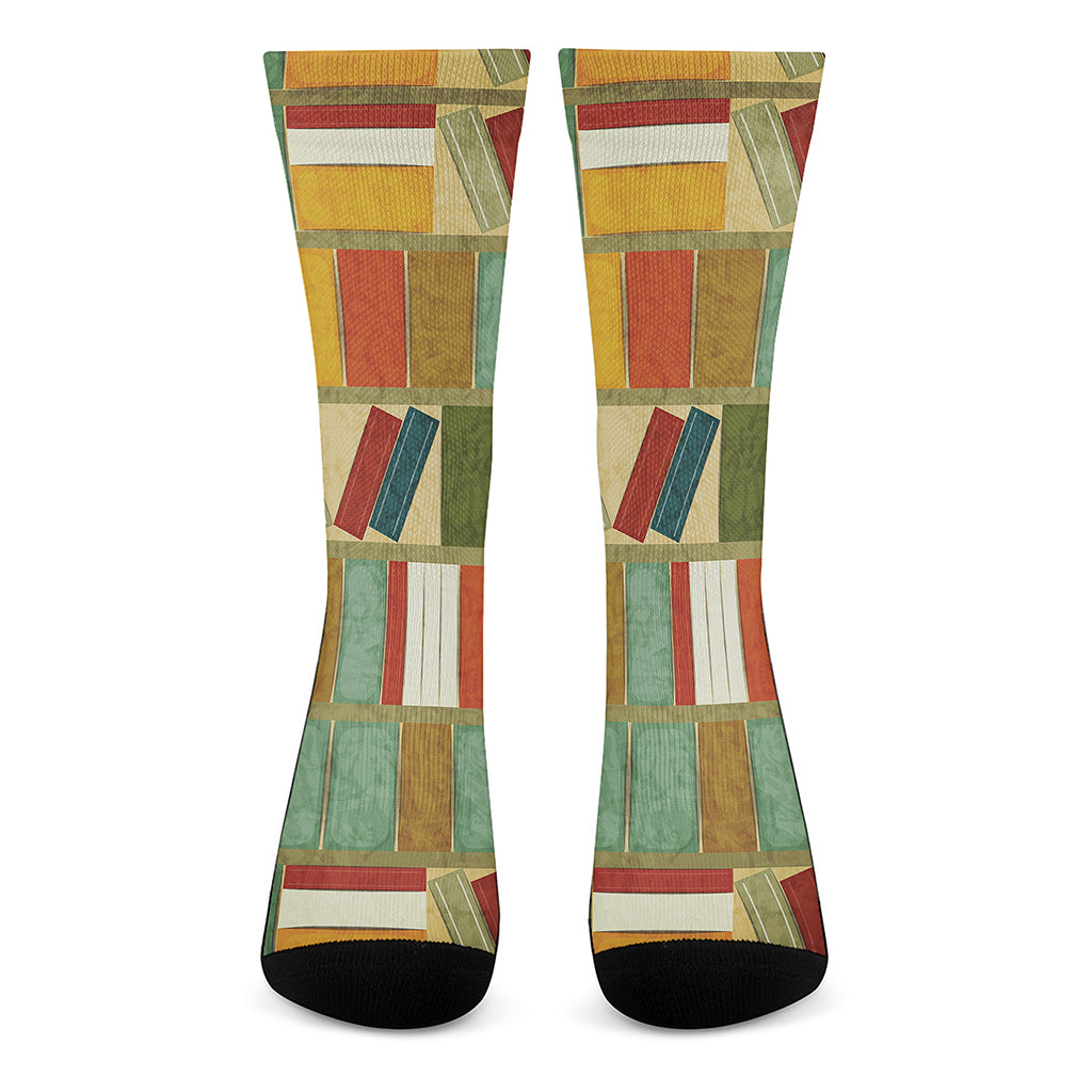 Watercolor Bookshelf Pattern Print Crew Socks