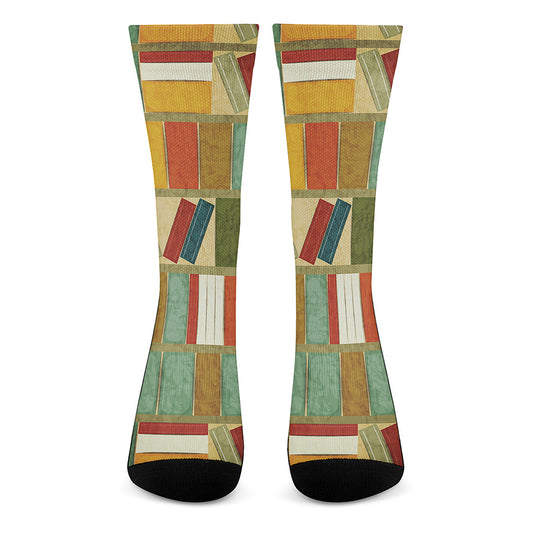 Watercolor Bookshelf Pattern Print Crew Socks
