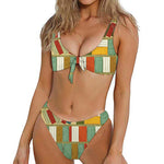 Watercolor Bookshelf Pattern Print Front Bow Tie Bikini