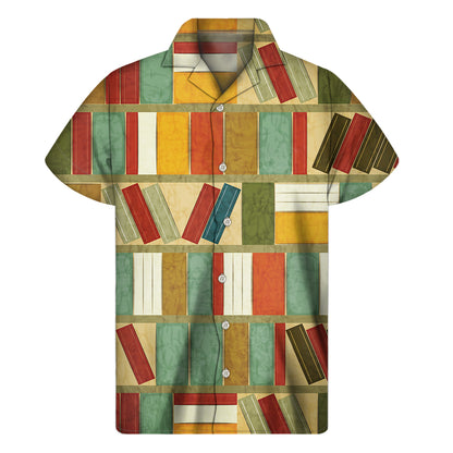Watercolor Bookshelf Pattern Print Men's Short Sleeve Shirt