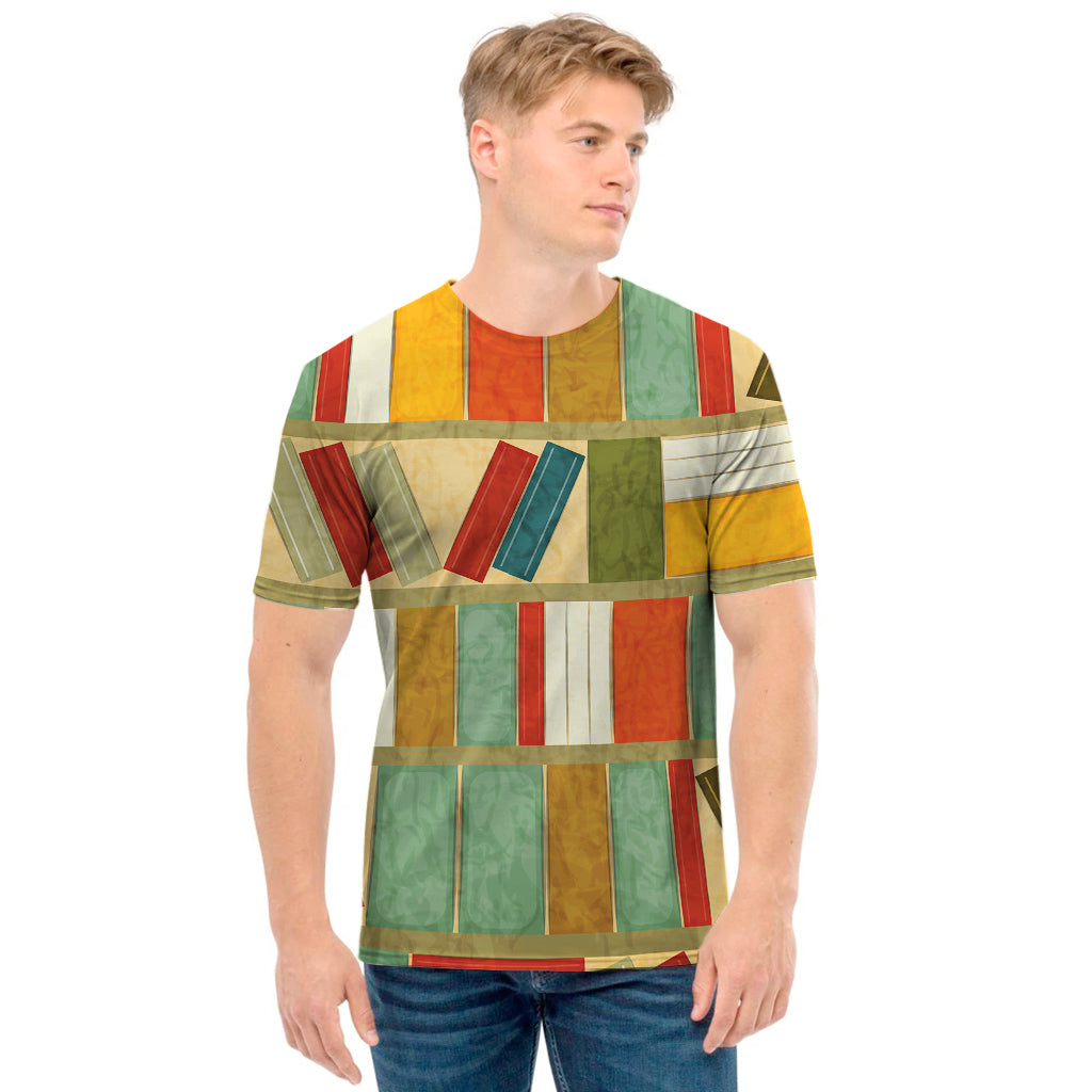Watercolor Bookshelf Pattern Print Men's T-Shirt