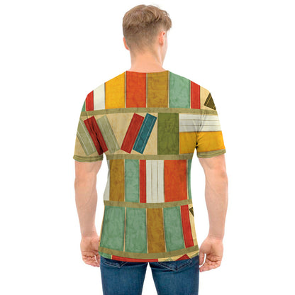 Watercolor Bookshelf Pattern Print Men's T-Shirt