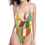 Watercolor Bookshelf Pattern Print One Piece High Cut Swimsuit