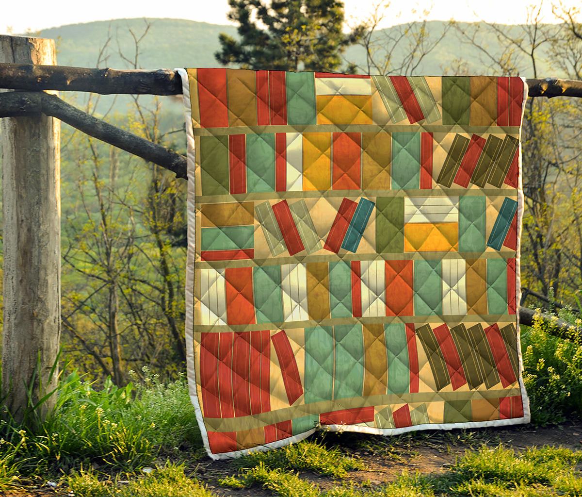 Watercolor Bookshelf Pattern Print Quilt