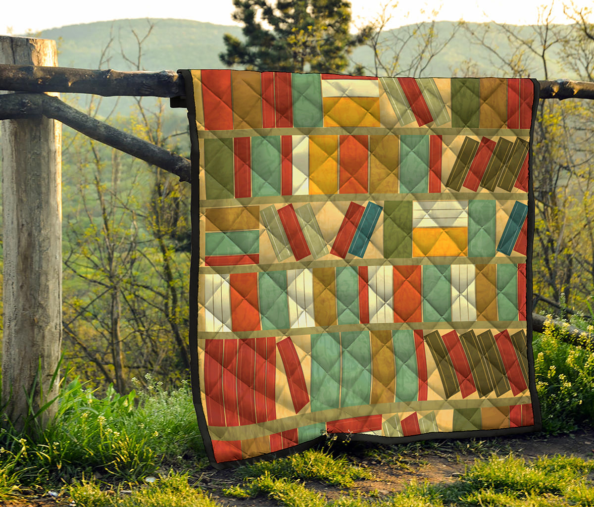 Watercolor Bookshelf Pattern Print Quilt