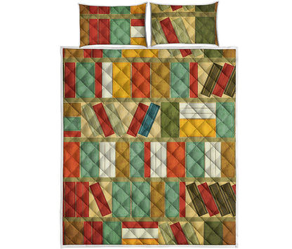 Watercolor Bookshelf Pattern Print Quilt Bed Set