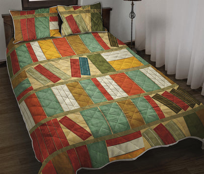 Watercolor Bookshelf Pattern Print Quilt Bed Set