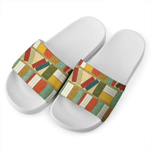 Watercolor Bookshelf Pattern Print White Slide Sandals