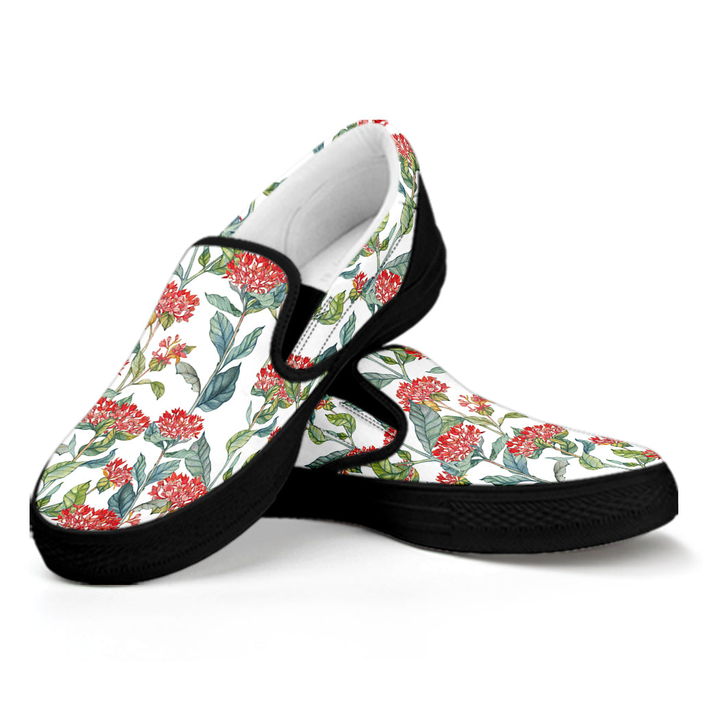 Watercolor Bouvardia Print Black Slip On Shoes