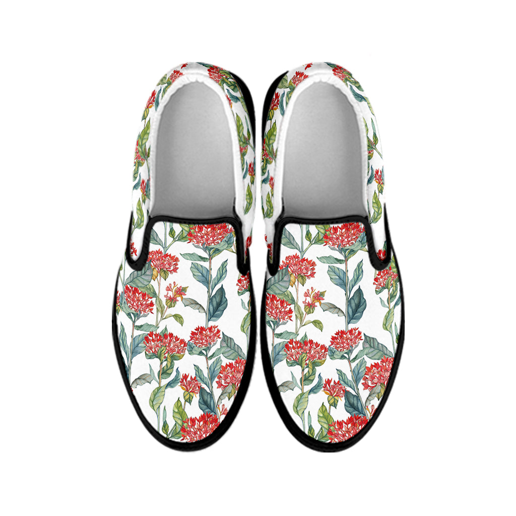 Watercolor Bouvardia Print Black Slip On Shoes