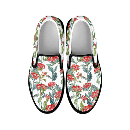 Watercolor Bouvardia Print Black Slip On Shoes