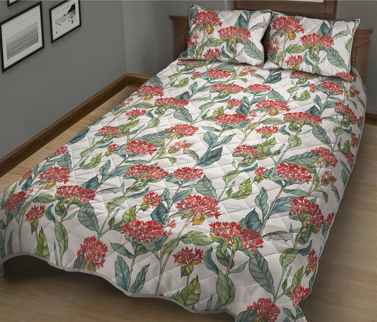 Watercolor Bouvardia Print Quilt Bed Set