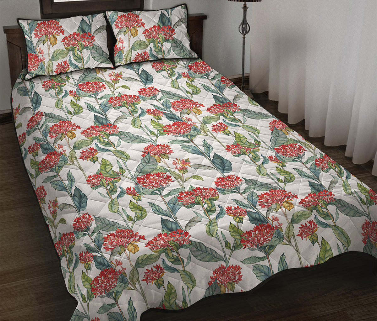 Watercolor Bouvardia Print Quilt Bed Set