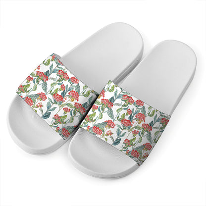 Watercolor Bouvardia Print White Slide Sandals