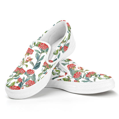 Watercolor Bouvardia Print White Slip On Shoes