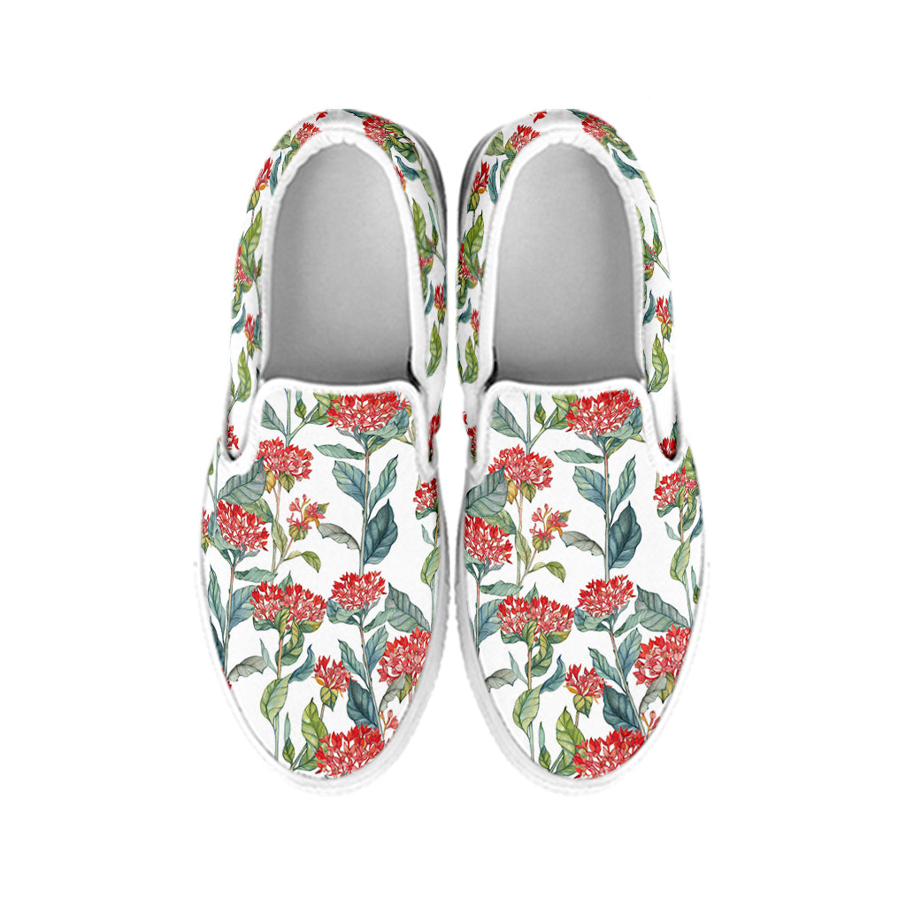 Watercolor Bouvardia Print White Slip On Shoes