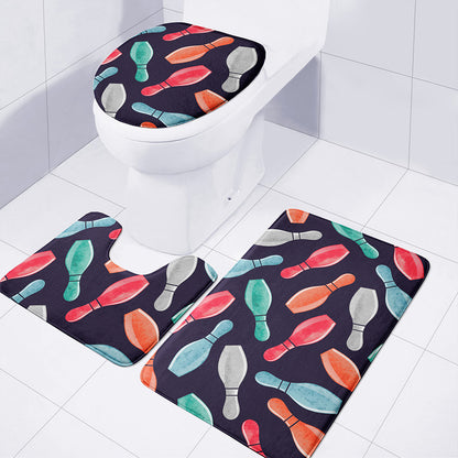 Watercolor Bowling Pins Pattern Print 3 Piece Bath Mat Set