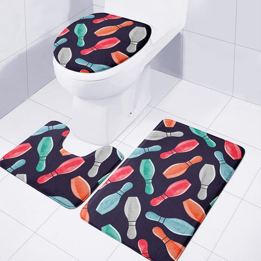 Watercolor Bowling Pins Pattern Print 3 Piece Bath Mat Set