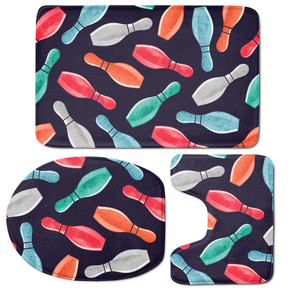 Watercolor Bowling Pins Pattern Print 3 Piece Bath Mat Set
