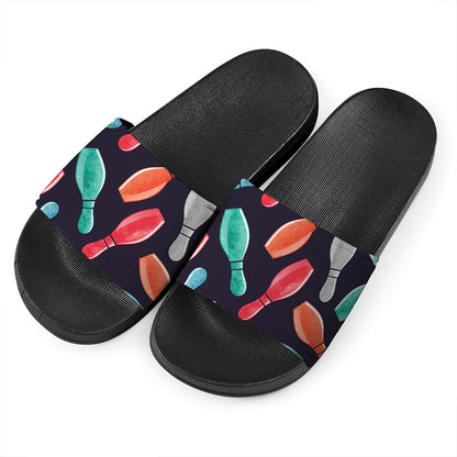 Watercolor Bowling Pins Pattern Print Black Slide Sandals