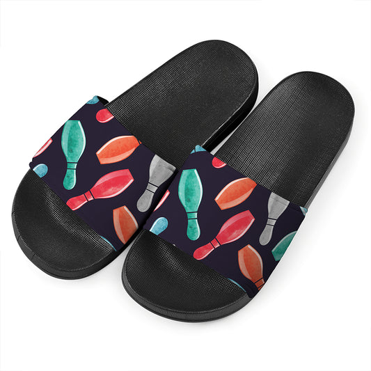 Watercolor Bowling Pins Pattern Print Black Slide Sandals