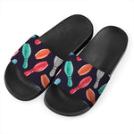 Watercolor Bowling Pins Pattern Print Black Slide Sandals