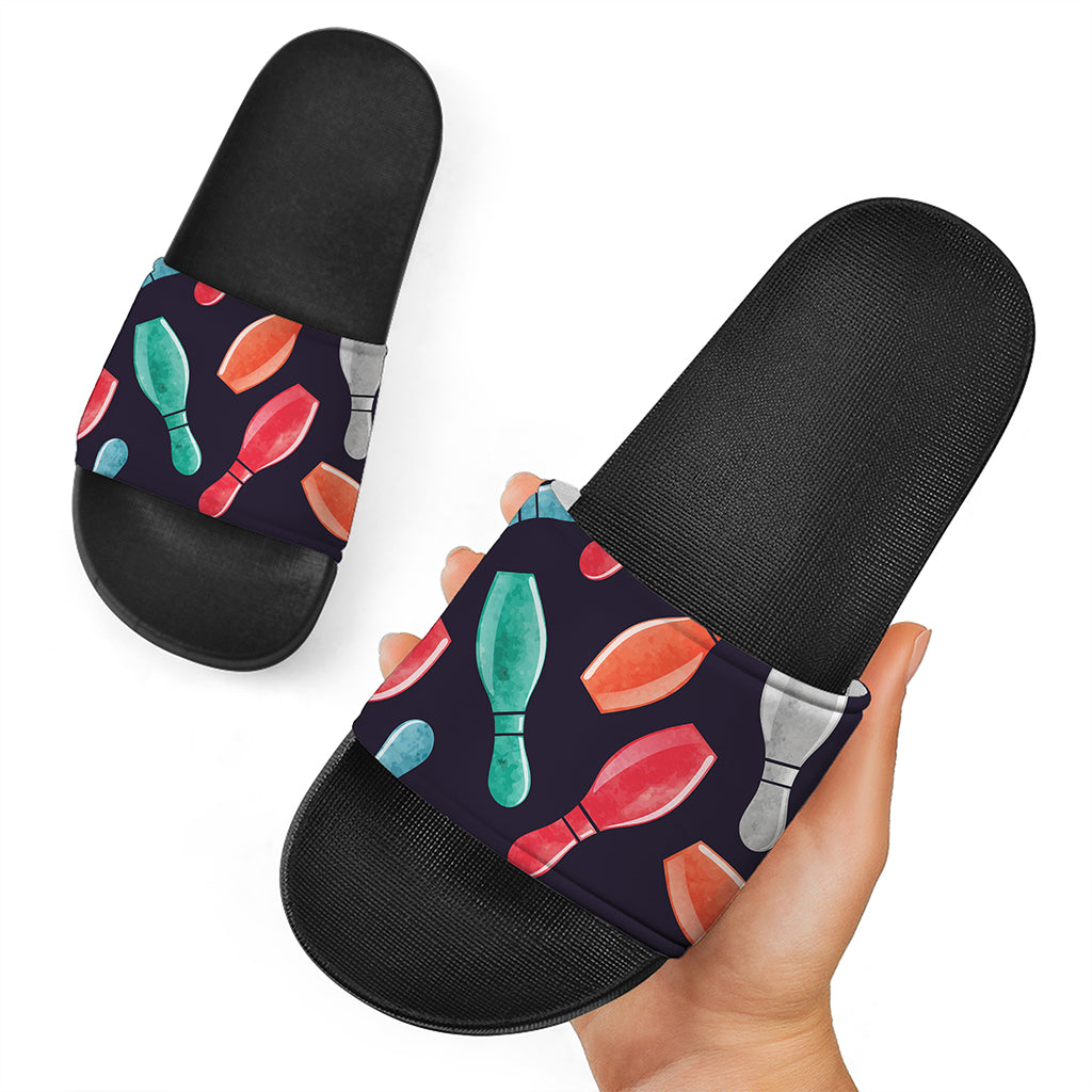 Watercolor Bowling Pins Pattern Print Black Slide Sandals